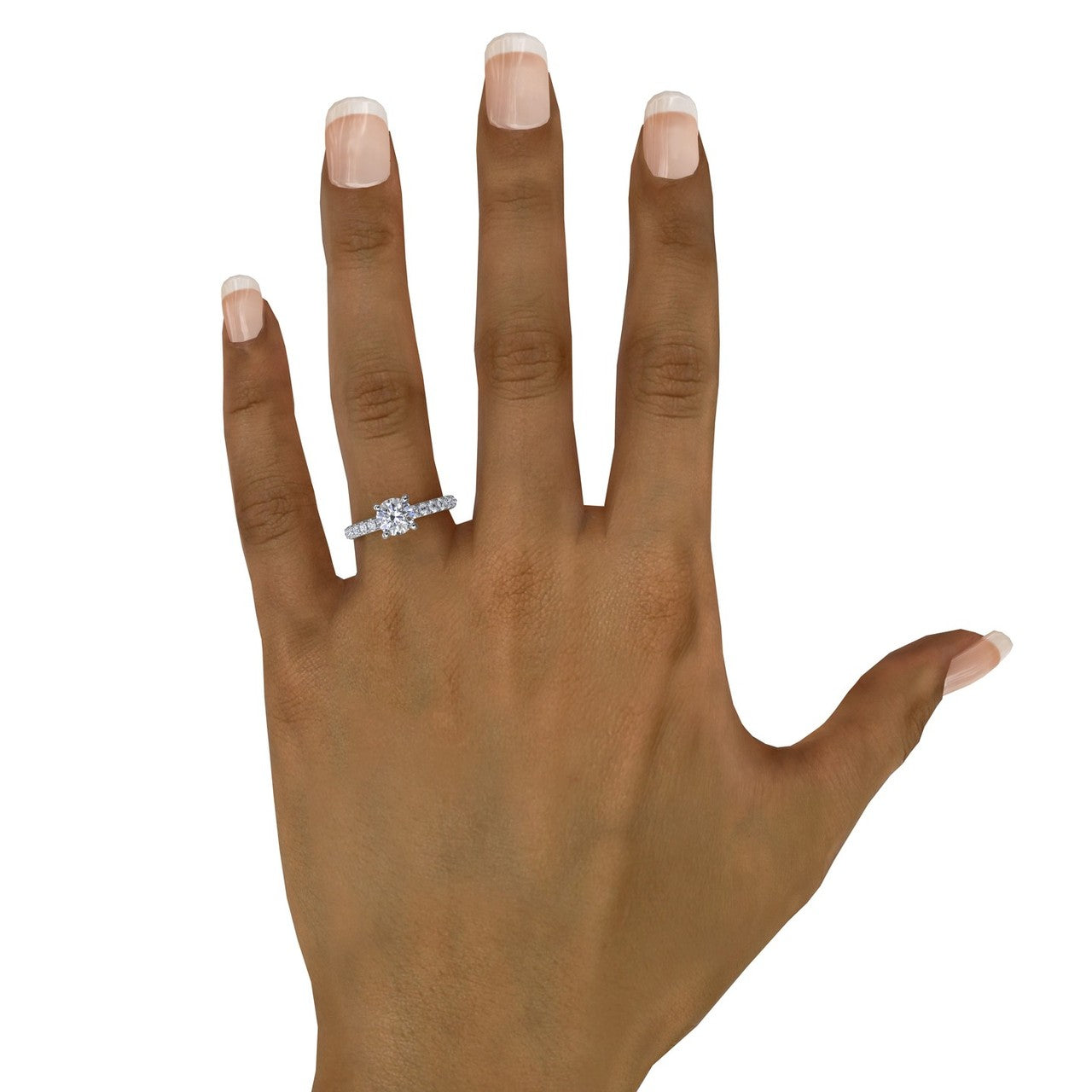 Fana S3846 white gold classic round pavé diamond engagement ring shown on a finger, displaying its elegant scale and brilliance at Noah's Fine Watches & Jewelry
