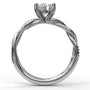 Silhouette side profile view of the Fana S3901 engagement ring setting, highlighting the ribbon-like open-work crossover gallery and the signature hidden peek-a-boo blue sapphire accent stone underneath the head at Noah's Fine Watches & Jewelry