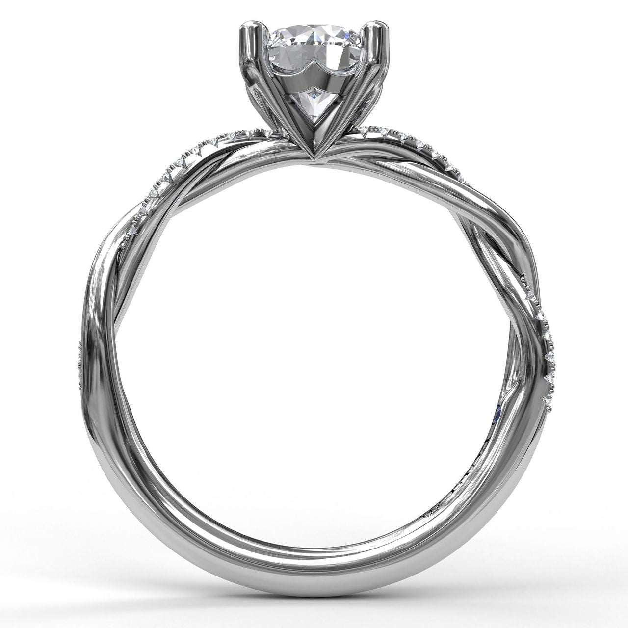 Silhouette side profile view of the Fana S3901 engagement ring setting, highlighting the ribbon-like open-work crossover gallery and the signature hidden peek-a-boo blue sapphire accent stone underneath the head at Noah's Fine Watches & Jewelry