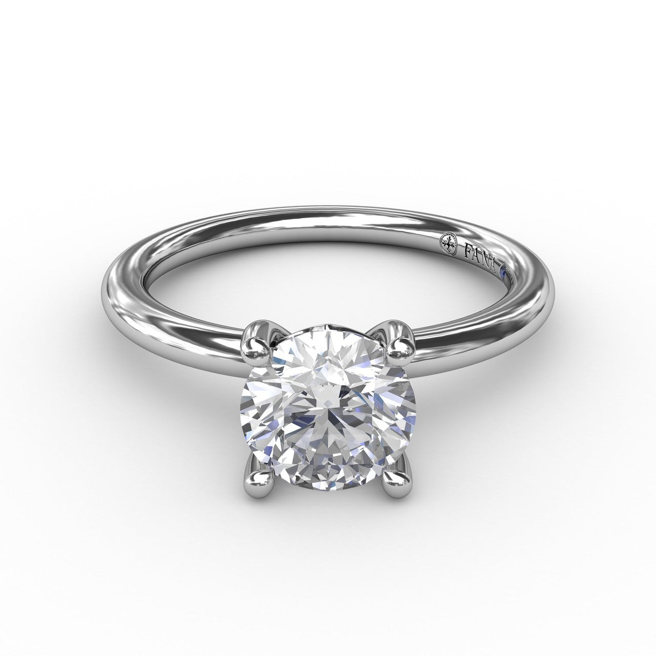 Forward-facing studio view of the Fana S4013 solitaire engagement ring setting, showcasing the sleek symmetry of the polished white gold band
