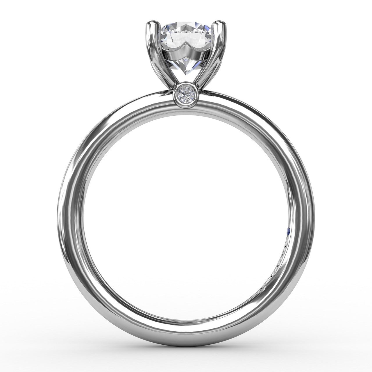 Silhouette side profile view of the Fana S4013 solitaire ring setting, highlighting the clean cathedral profile, the base bezel diamond accent, and a hidden blue sapphire sapphire peek-a-boo gemstone underneath the head at Noah's Fine Watches & Jewelry
