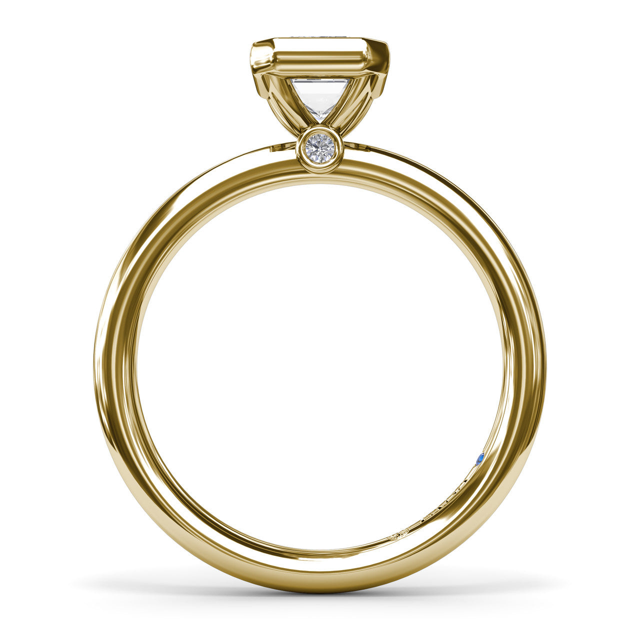 Circular silhouette profile view of the Fana S4067 engagement ring, showing the classic round band and the secure bezel basket housing a hidden diamond accent