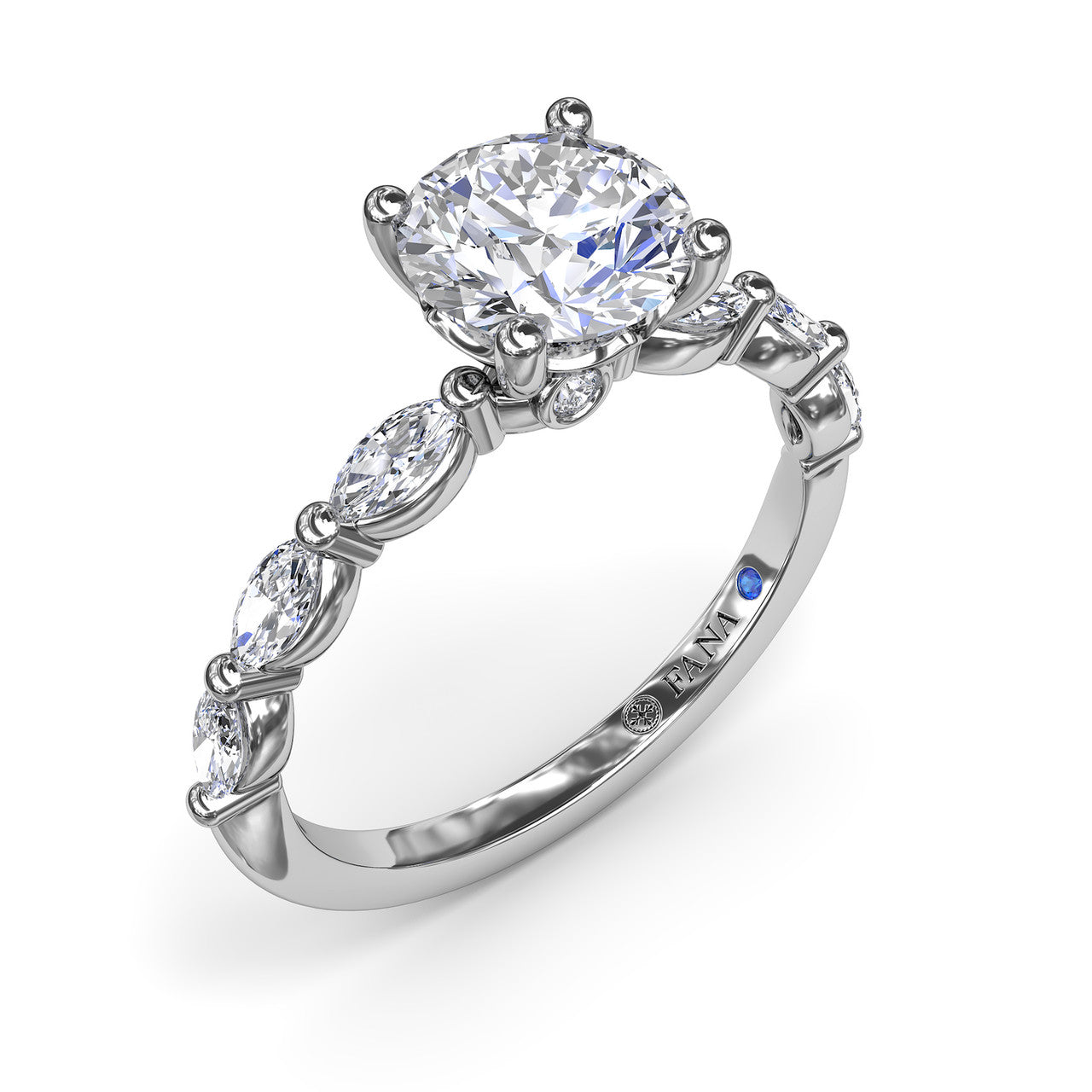 4k white gold engagement ring setting by Fana, style S4074, featuring eye-catching marquise-shaped diamond side stones arranged along the band to frame a brilliant round-cut center diamond