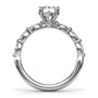 Full circular view of the Fana S4074 white gold ring, demonstrating the high-set center prong head and the scalloped shared-prong architecture holding the marquise side stones