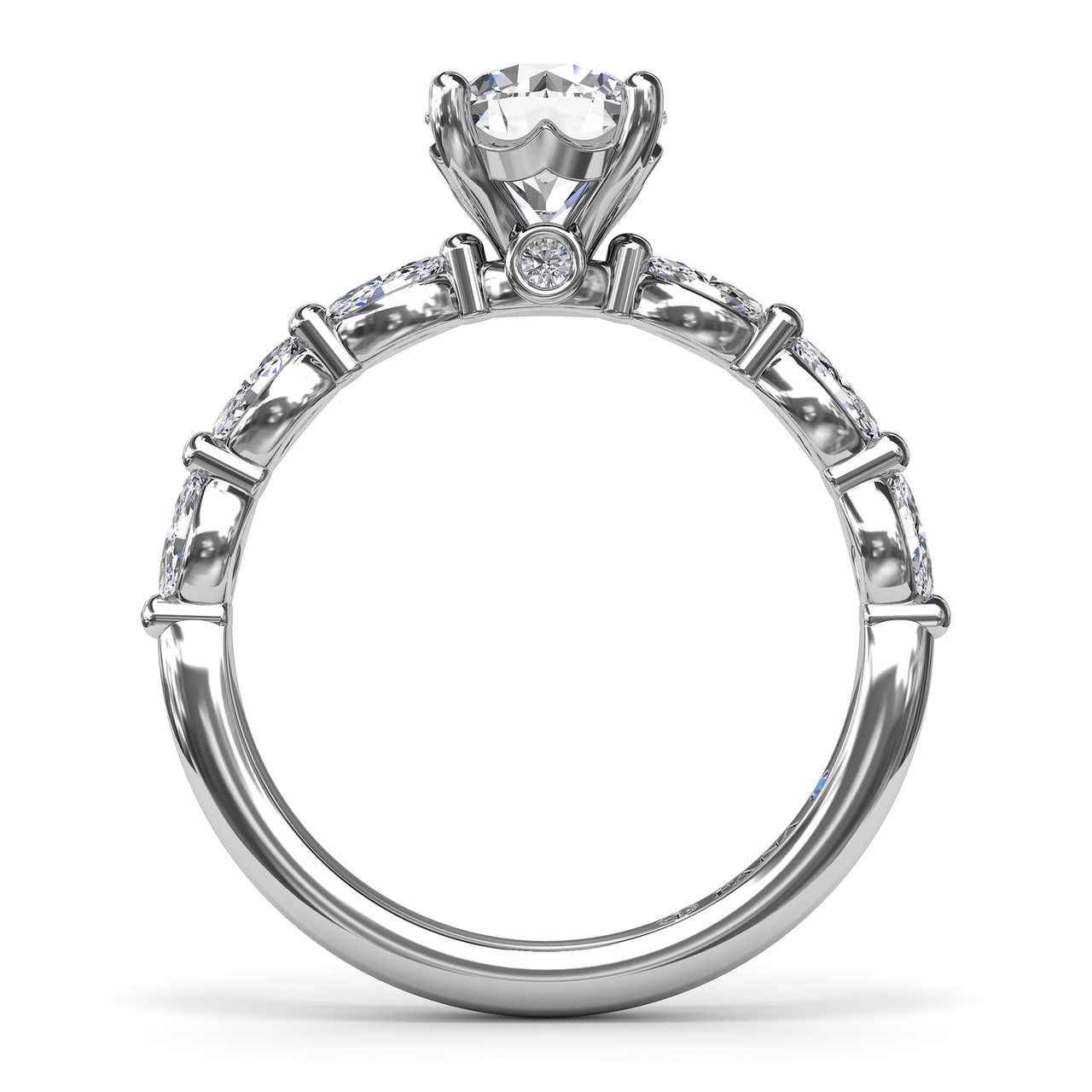 Full circular view of the Fana S4074 white gold ring, demonstrating the high-set center prong head and the scalloped shared-prong architecture holding the marquise side stones
