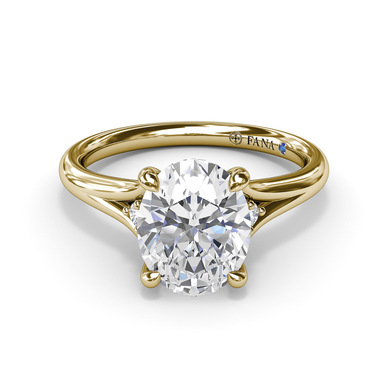 Forward-facing studio view of the Fana S4188 yellow gold engagement ring setting, showcasing the graceful symmetry of the split gold band framing an oval diamond