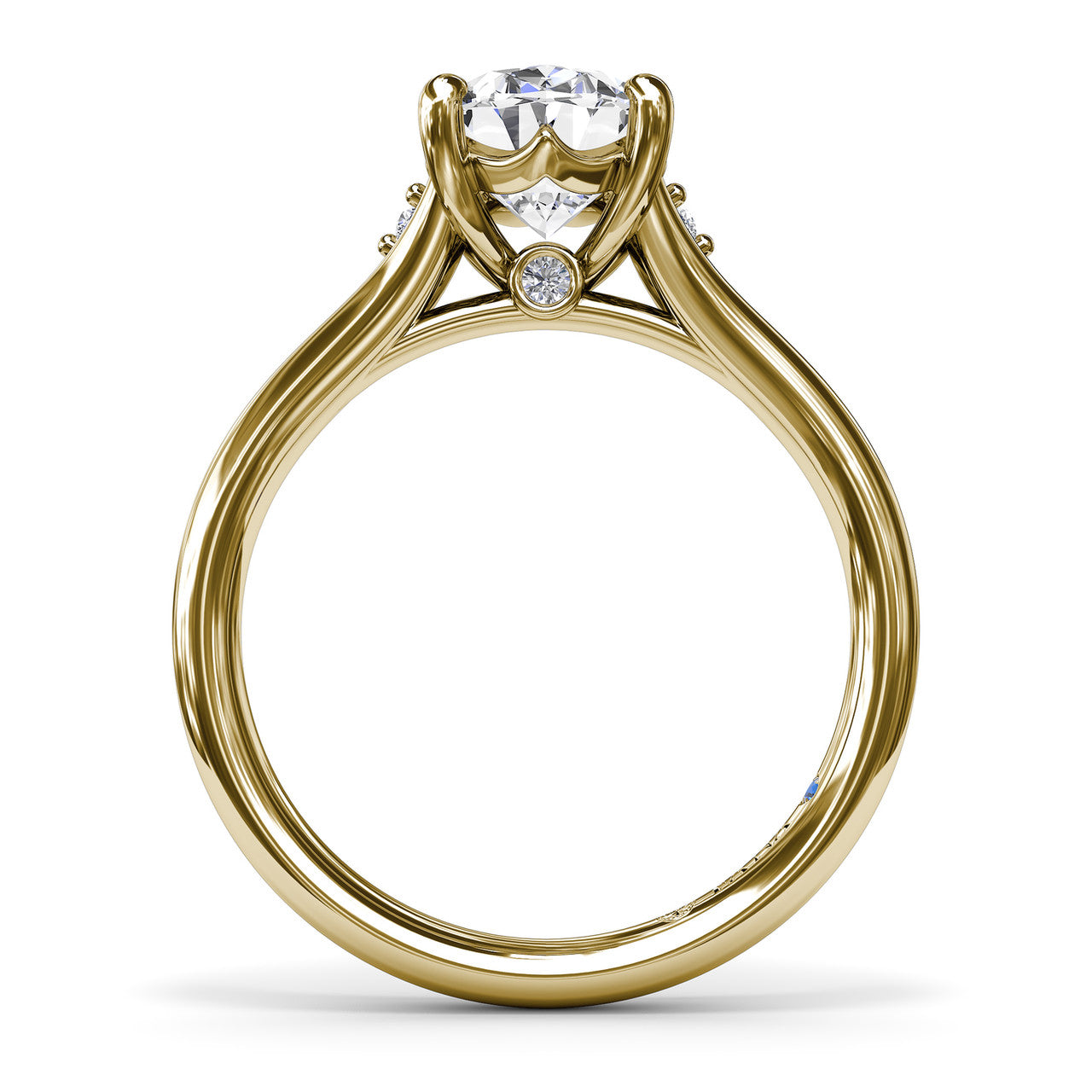 Silhouette side profile view of the Fana S4188 solitaire ring setting, highlighting the clean cathedral shoulders, a base collar diamond accent, and a hidden blue sapphire peek-a-boo gemstone beneath the head at Noah's Fine Watches & Jewelry