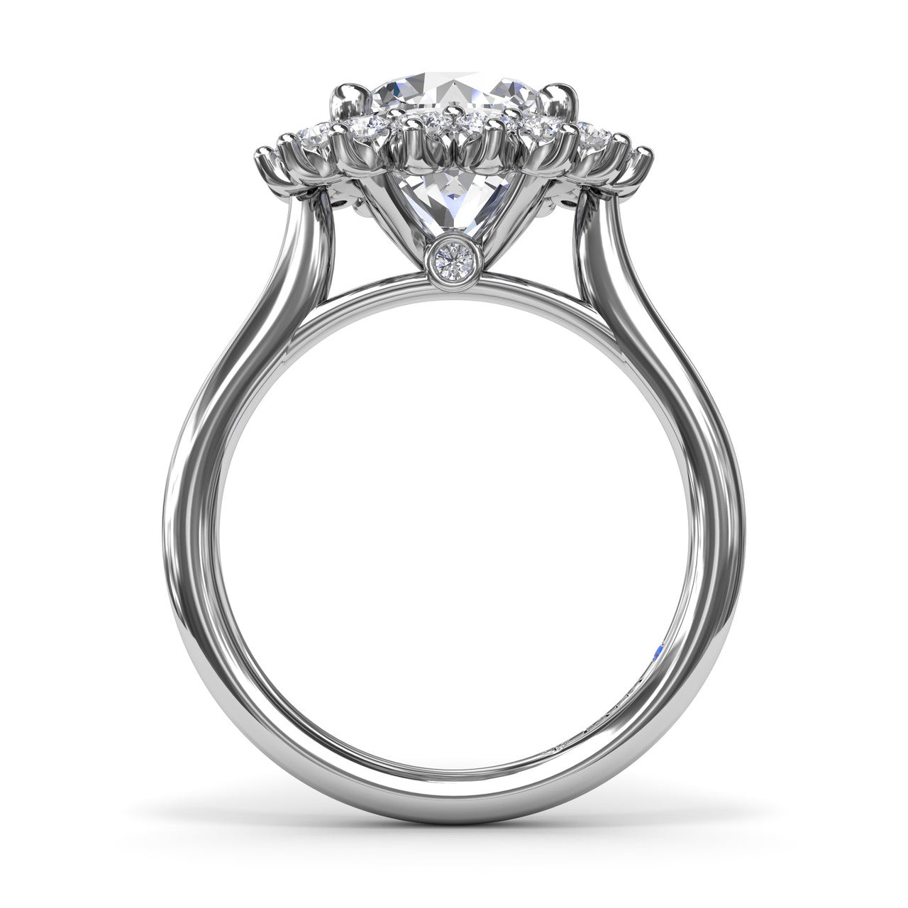 Circular silhouette profile view of the Fana S4223 white gold engagement ring, displaying the cathedral shoulders and raised crown design holding the floral basket