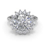 Front studio shot of the Fana S4223 round diamond engagement ring emphasizing the distinct sunflower or floral layout of the halo setting