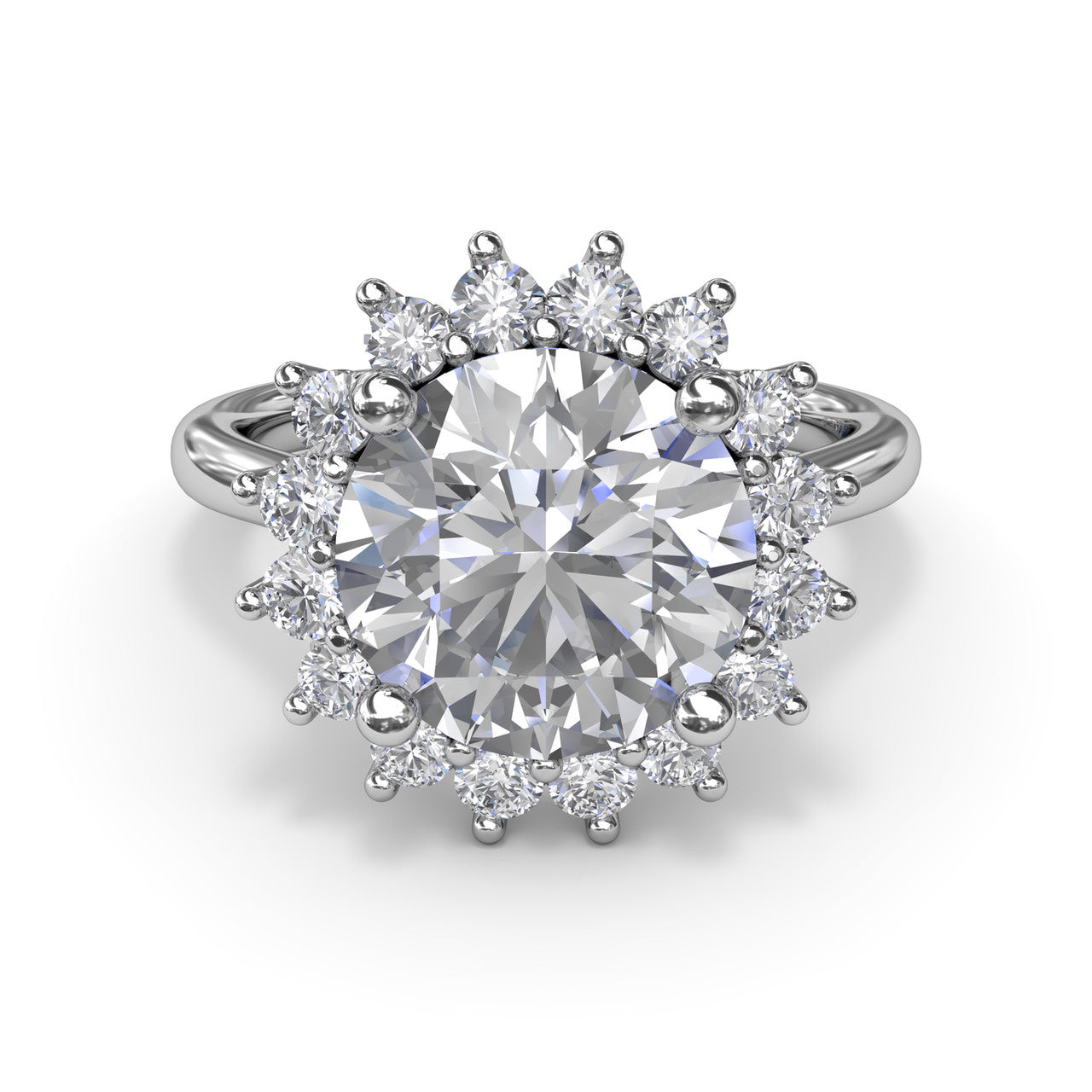 Front studio shot of the Fana S4223 round diamond engagement ring emphasizing the distinct sunflower or floral layout of the halo setting