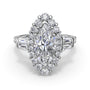 Studio front view of the Fana S4262 ring highlighting the symmetrical layout of the marquise halo and step-cut tapered baguettes