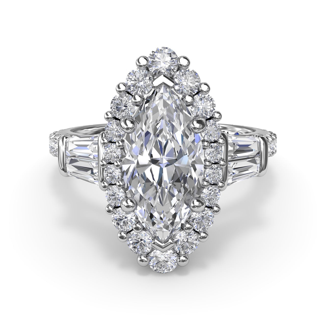 Studio front view of the Fana S4262 ring highlighting the symmetrical layout of the marquise halo and step-cut tapered baguettes