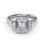 Studio front-facing view of the Fana S4278 three stone ring, emphasizing the protective metal borders enclosing the emerald cut center and baguette diamonds