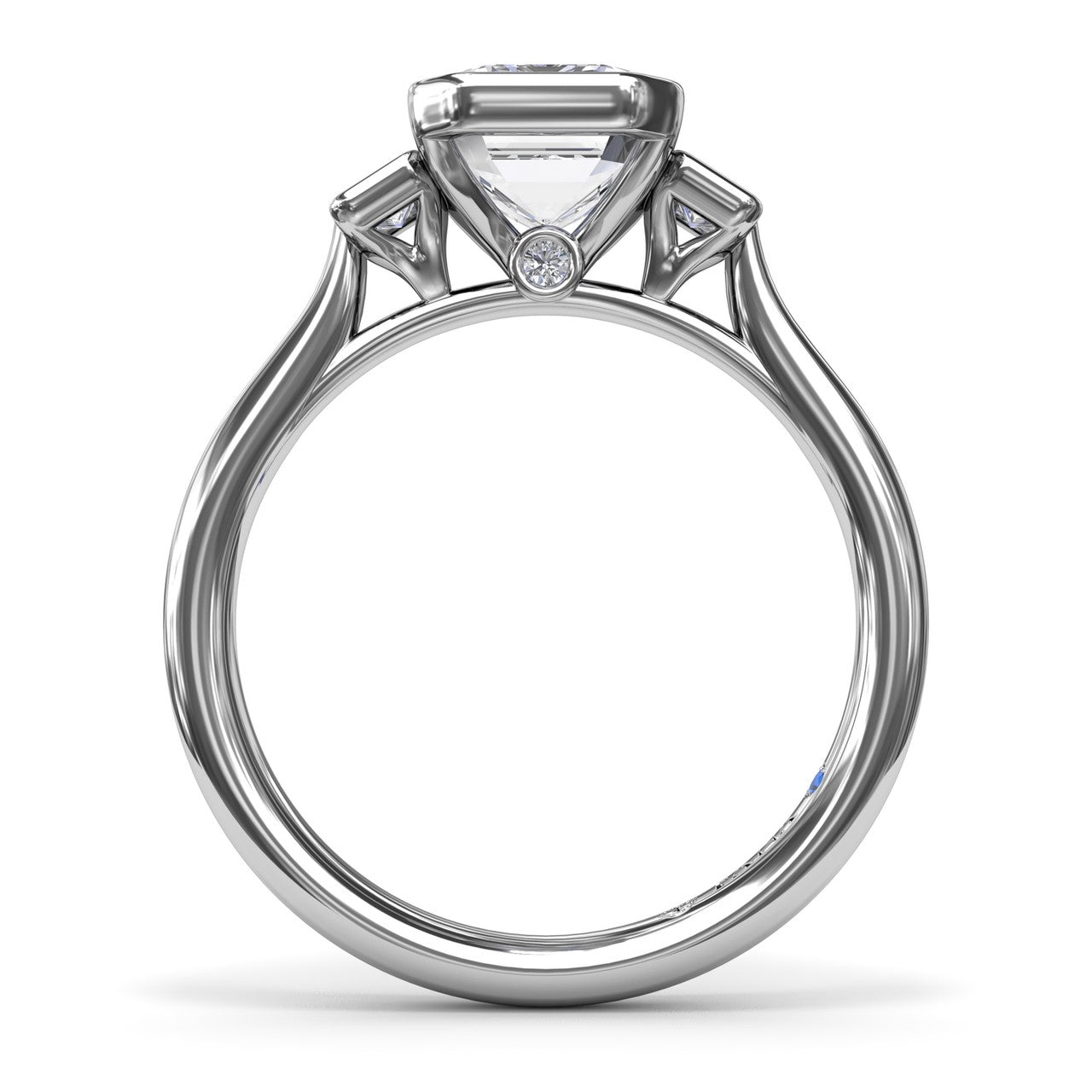 Circular silhouette profile view of the Fana S4278 three stone engagement ring setting, showing the white gold cathedral band and open under-gallery basket