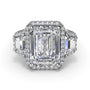 Studio front-facing view of the Fana S4280 ring highlighting the seamless geometric flow between the emerald cut center halo and step-cut trapezoid side diamonds