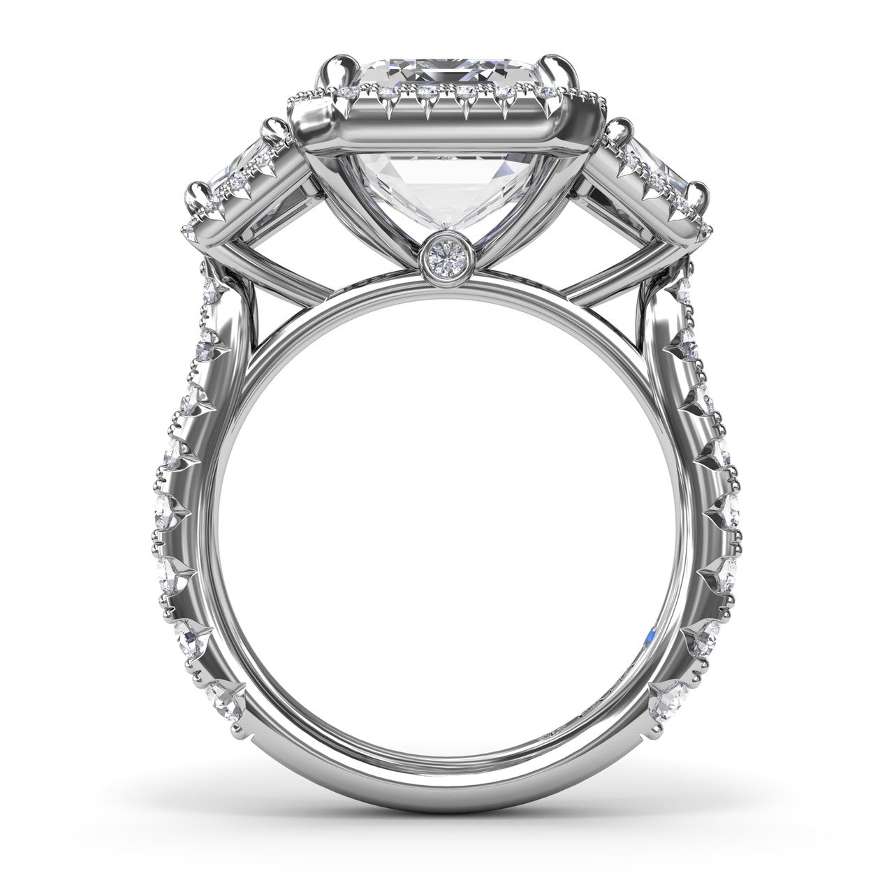 Circular silhouette profile view of the Fana S4280 three-stone setting, displaying the intricate diamond-lined bridge under-gallery supporting the halo structure