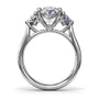 Circular silhouette profile view of the Fana S4282 three stone engagement ring setting, displaying the raised cathedral shoulders and polished basket