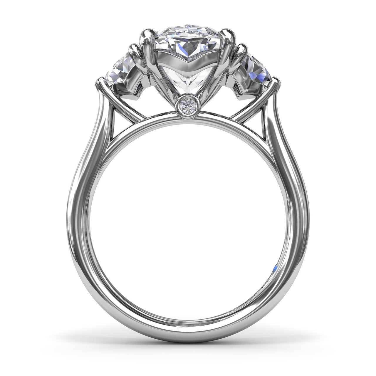 Circular silhouette profile view of the Fana S4282 three stone engagement ring setting, displaying the raised cathedral shoulders and polished basket