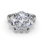 Studio front view of the Fana S4282 three stone ring, highlighting the structural transition between the oval center diamond and cadillac cut side stones