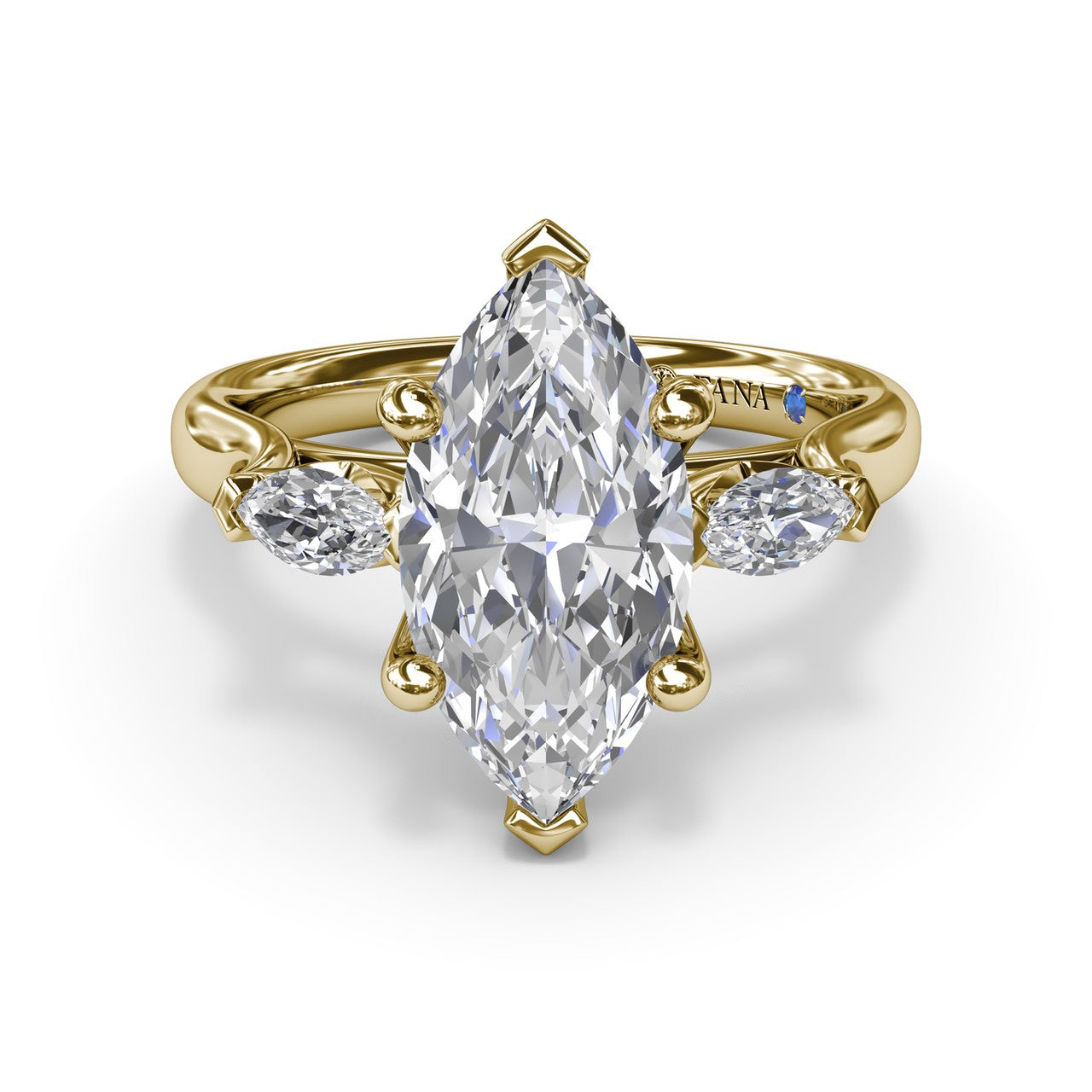 Studio front view of the Fana S4321 three stone ring, highlighting the uniform alignment of the marquise center and side diamonds