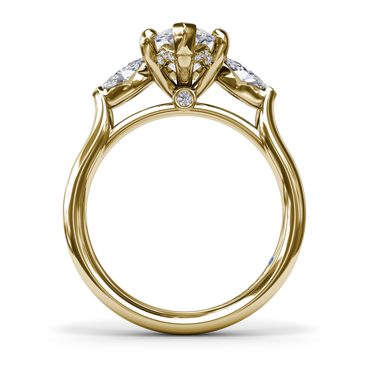 Circular silhouette profile view of the Fana S4321 three stone engagement ring setting, showing the polished cathedral band and V-tip prongs