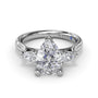 Studio front view of the Fana S4340 three stone ring, highlighting the uniform flow of the pear-shaped center and side diamonds