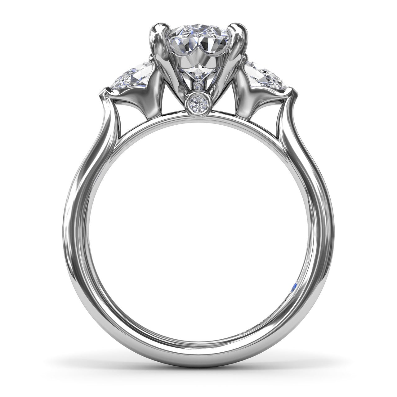 Circular silhouette profile view of the Fana S4340 three stone engagement ring setting, showing the polished cathedral band and secure V-tip prongs