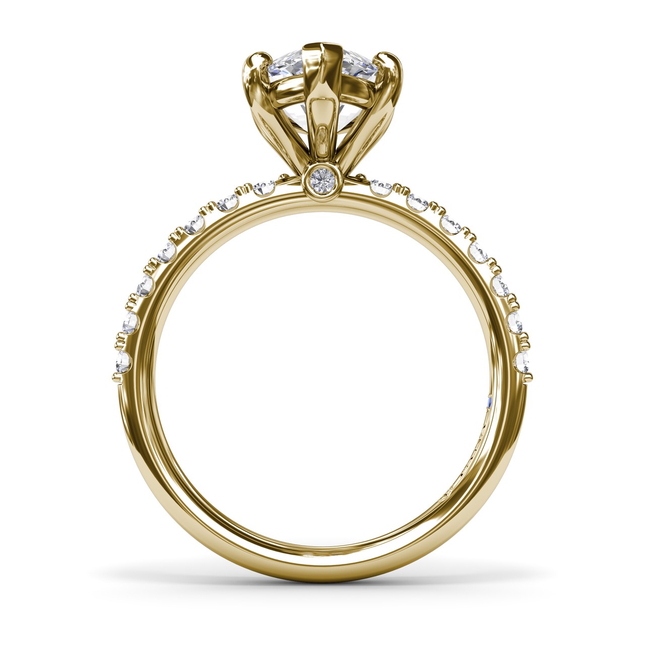 Silhouette side profile view of the Fana S4350 engagement ring setting, showcasing the arched cathedral shoulders, a tiny surprise collar diamond accent, and a hidden peek-a-boo blue sapphire gemstone beneath the head at Noah's Fine Watches & Jewelry