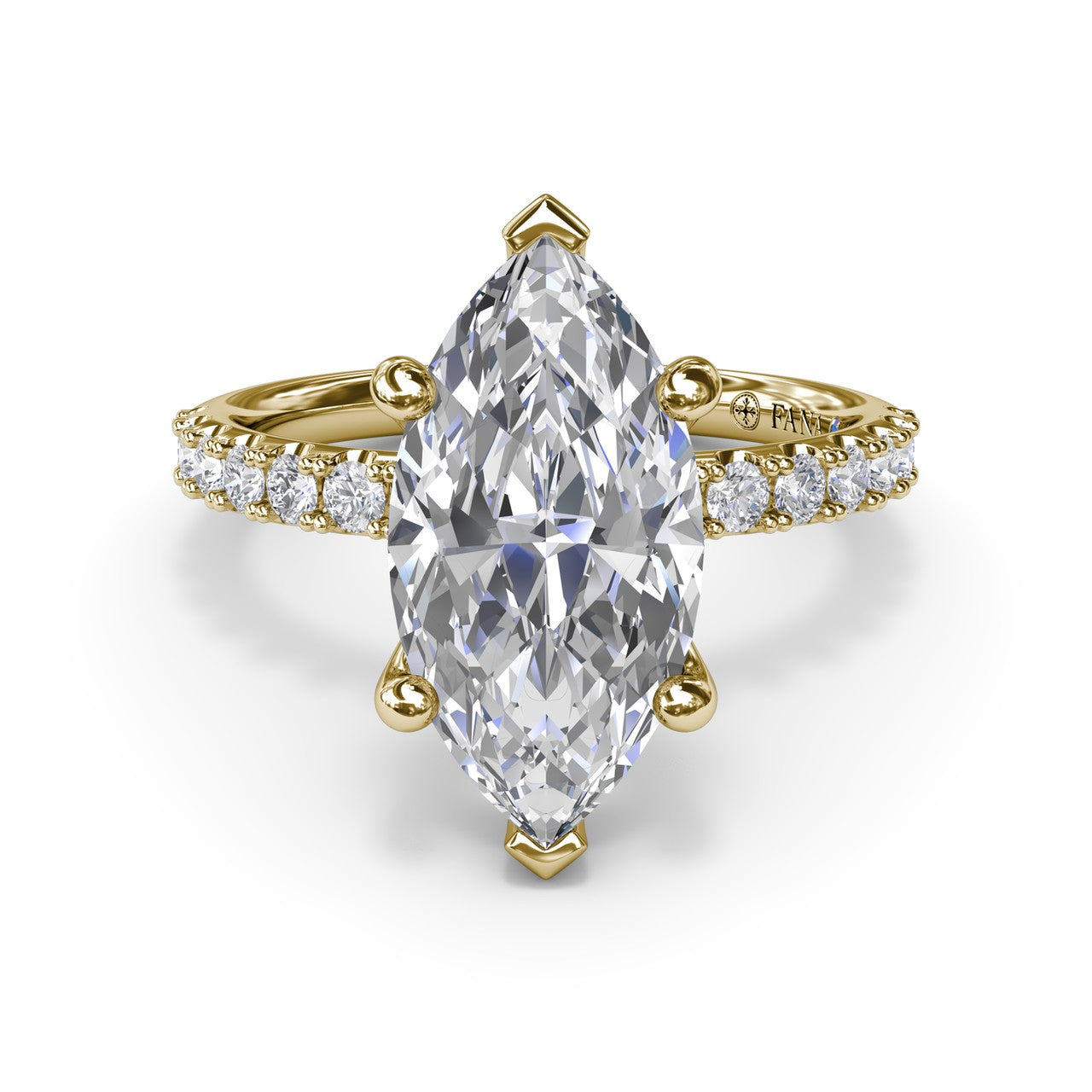 Forward-facing studio view of the Fana S4350 yellow gold engagement ring setting, showcasing the symmetrical pavé diamond band framing a brilliant marquise stone