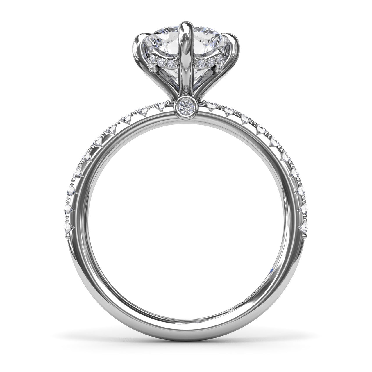 Silhouette side profile view of the Fana S4363 engagement ring setting with refined arched cathedral shoulders, a tiny surprise collar diamond accent and a hidden peek-a-boo blue sapphire gemstone at Noah's Fine Watches & Jewelry