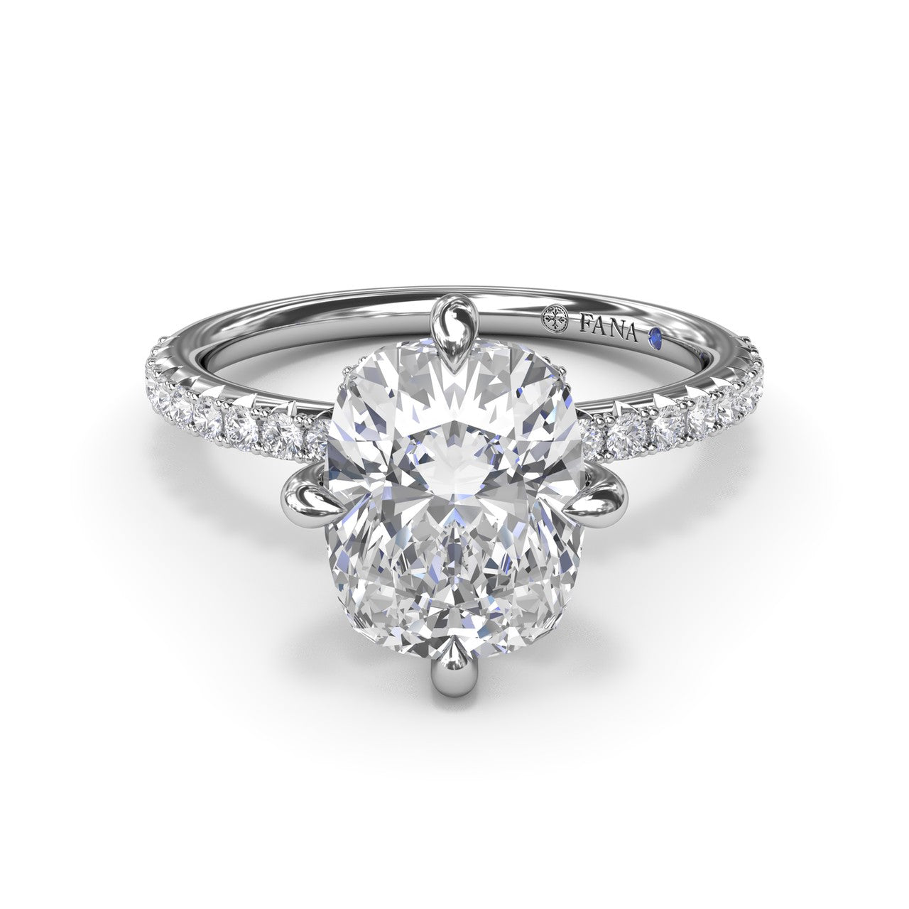 Forward-facing studio view of the Fana S4363 white gold engagement ring setting, highlighting the clean symmetry of the pavé diamond band framing a cushion stone