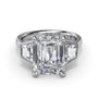 Studio front view of the Fana S4376 three stone ring, highlighting the geometric flow between the emerald cut center stone and trapezoid diamond accents