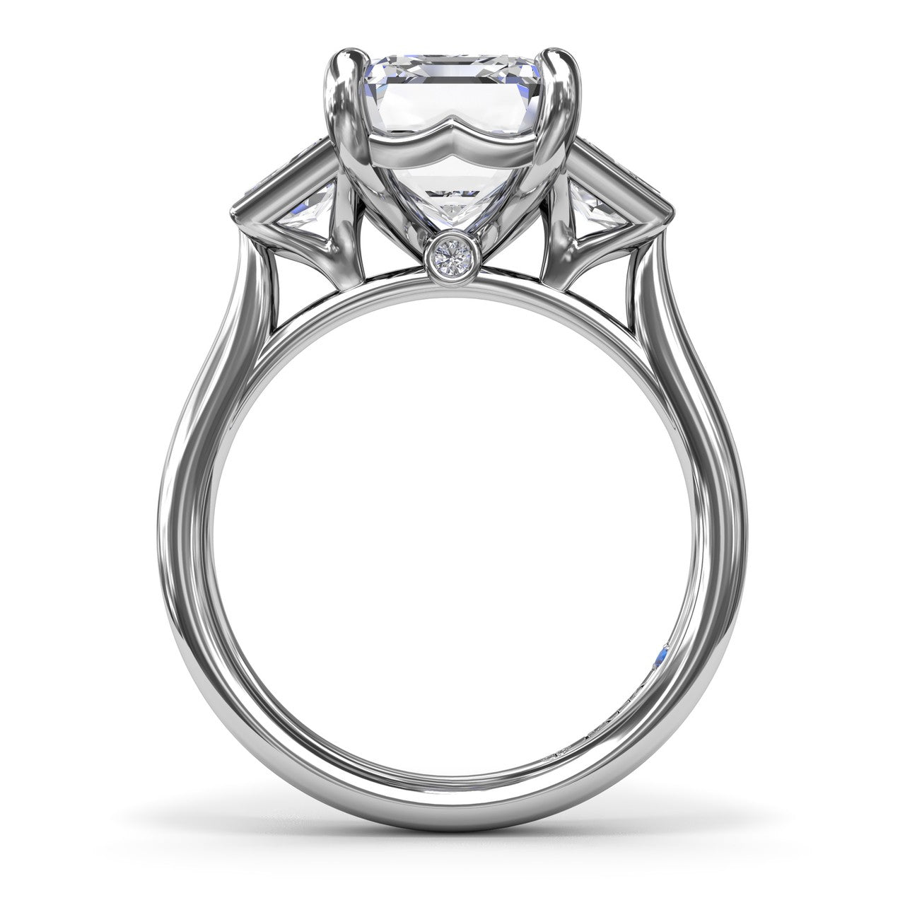 Circular silhouette profile view of the Fana S4376 three stone engagement ring setting, displaying the polished cathedral band and prong basket details