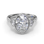 Studio front view of the Fana S4379 three stone ring, highlighting the smooth metal bezel borders enclosing the oval center and side diamonds