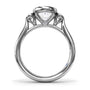 Circular silhouette profile view of the Fana S4379 three stone engagement ring setting, displaying the polished white gold cathedral band and open gallery basket design