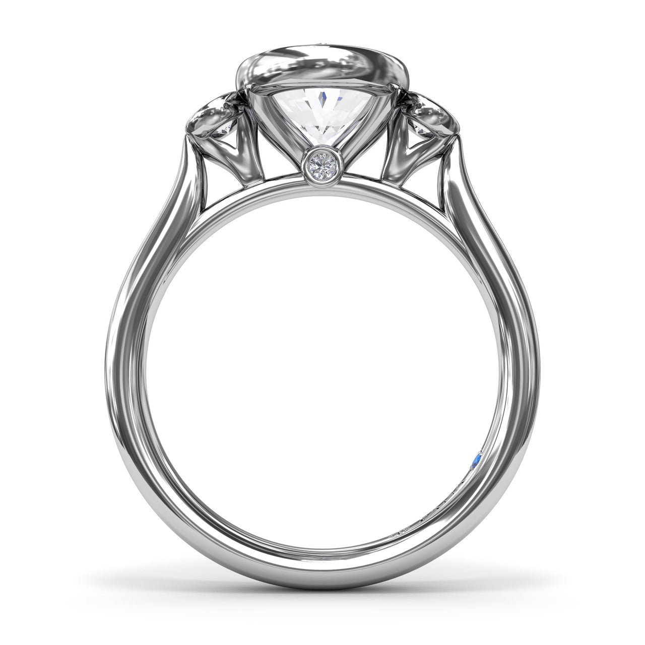 Circular silhouette profile view of the Fana S4379 three stone engagement ring setting, displaying the polished white gold cathedral band and open gallery basket design
