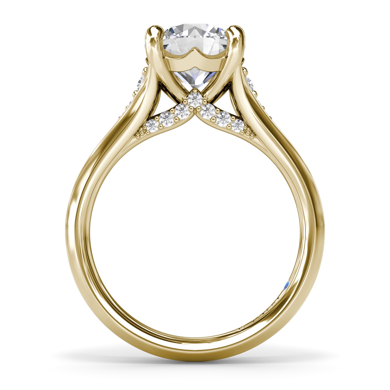 Silhouette side profile view of the Fana S4381 engagement ring setting, showcasing the sweeping cathedral arches, a tiny surprise collar diamond accent, and a hidden peek-a-boo blue sapphire gemstone underneath the head at Noah's Fine Watches & Jewelry