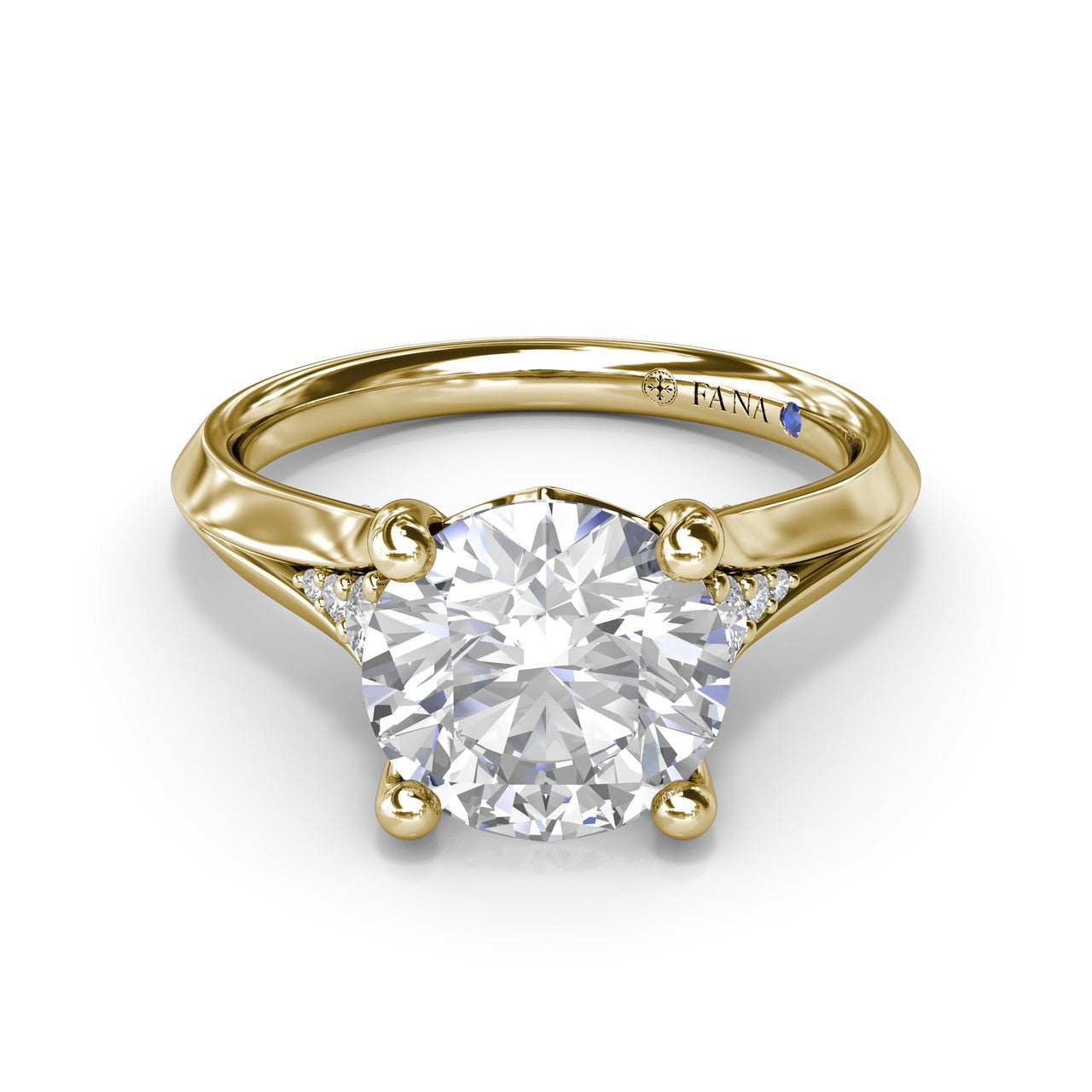 Forward-facing studio view of the Fana S4381 yellow gold engagement ring setting, showcasing the symmetrical pavé diamond band framing a round diamond.