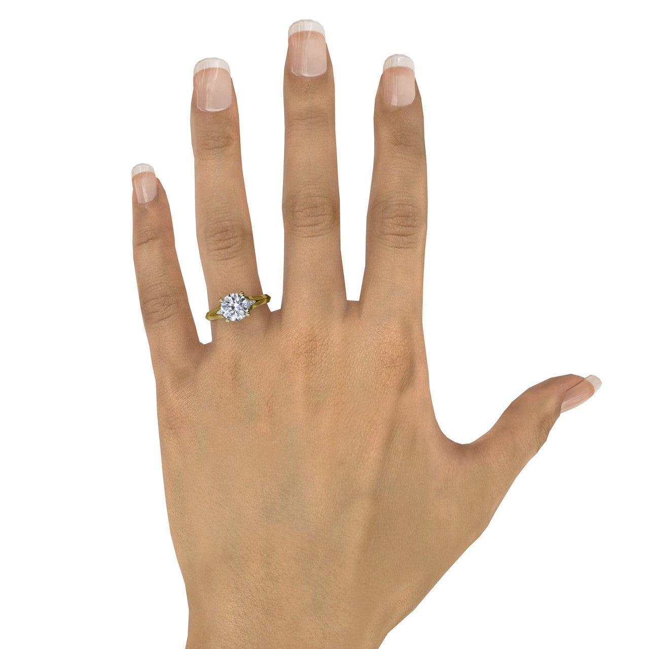 Fana S4381 14k yellow gold round pavé engagement ring shown on a finger, highlighting its graceful high-profile arch and classic gold warmth at Noah's Fine Watches & Jewelry