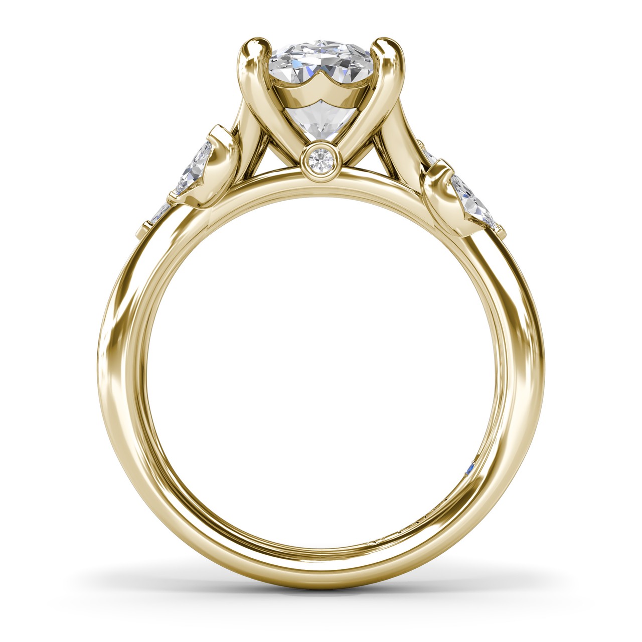 Circular silhouette profile view of the Fana S4409 vine engagement ring setting, showing the polished yellow gold cathedral basket and split-shank leaf design