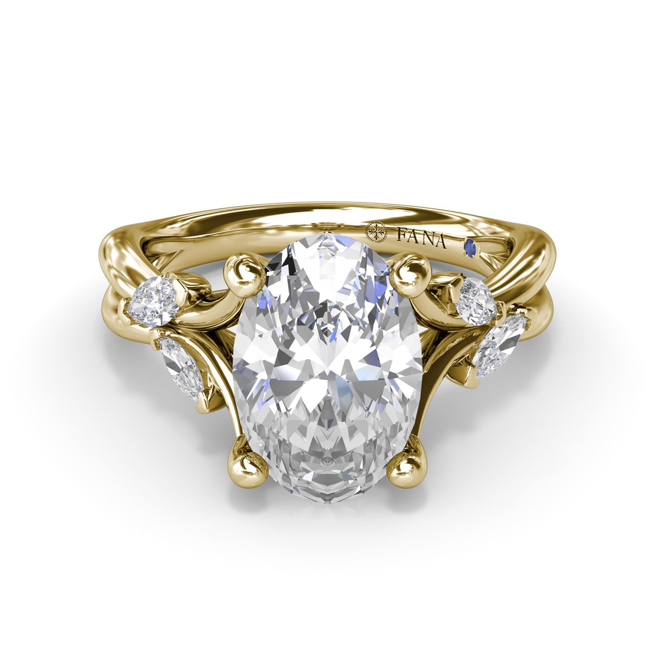 front-facing view of the Fana S4409 ring, emphasizing the symmetrical layout of the organic vine band and accent diamond leaves around the oval center stone