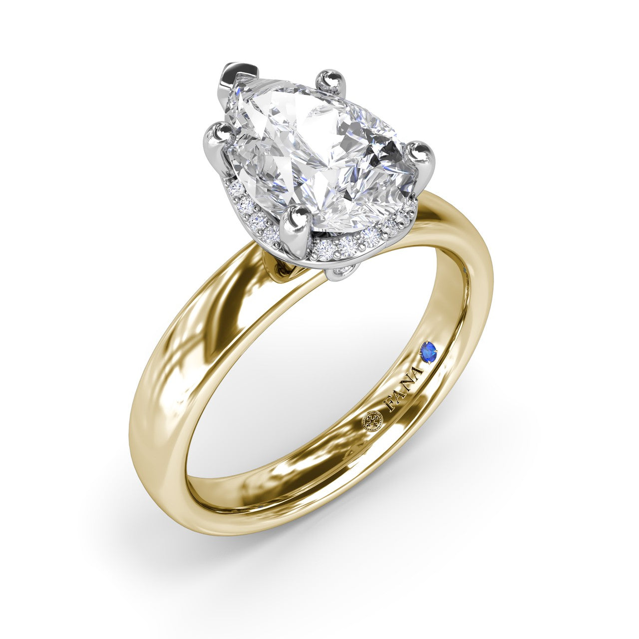 Fana S4432 engagement ring setting, with an intricate white gold floating halo beneath a pear-cut center stone on a 14k yellow gold shank