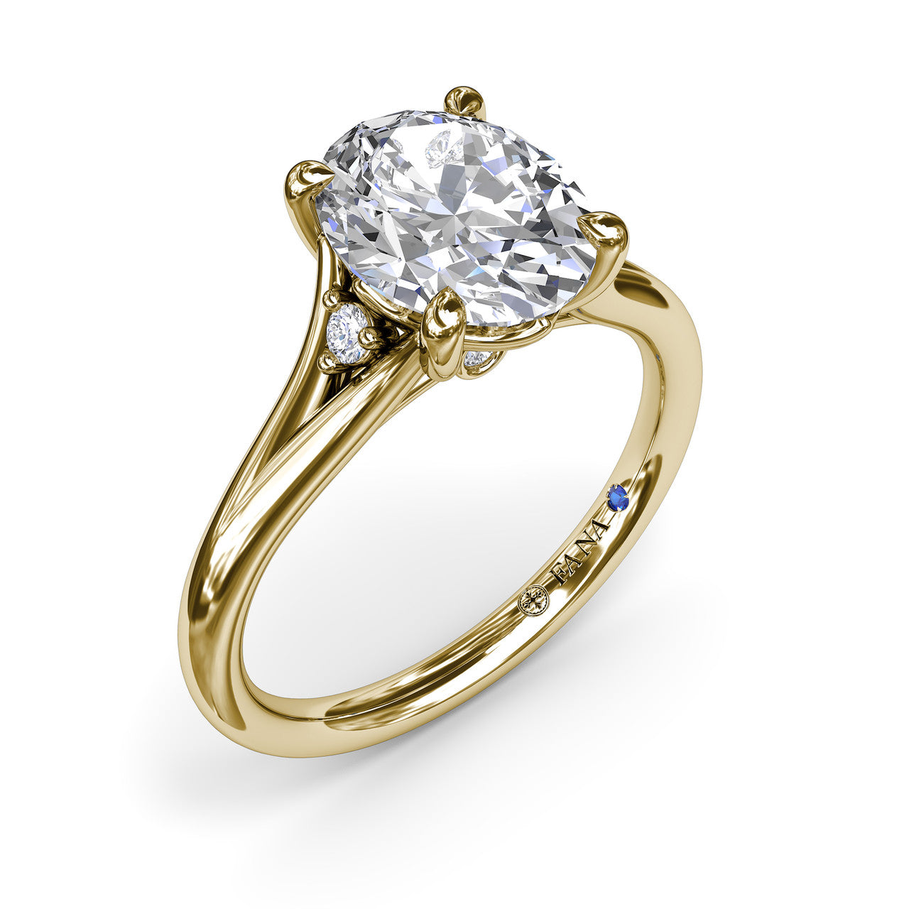 Fana 14k yellow gold split-shank engagement ring setting, style S4188, showing a polished open-architecture band with a small round diamond accent tucked beneath an oval center stone