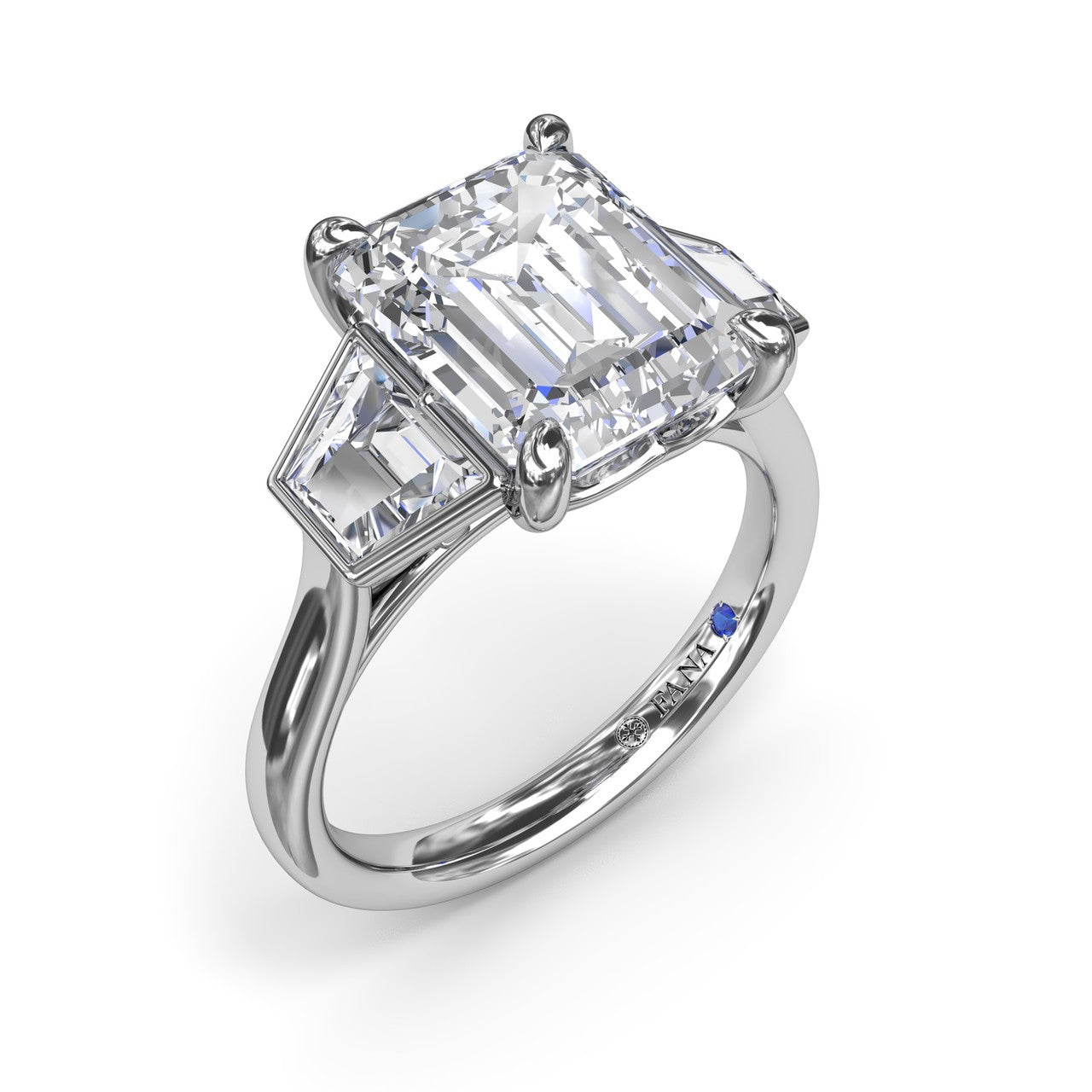 Fana 14k white gold three stone engagement ring setting, style S4376, featuring an emerald cut center diamond flanked by two step-cut trapezoid side stones