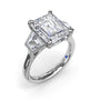 Fana 14k white gold three stone engagement ring setting, style S4376, featuring an emerald cut center diamond flanked by two step-cut trapezoid side stones