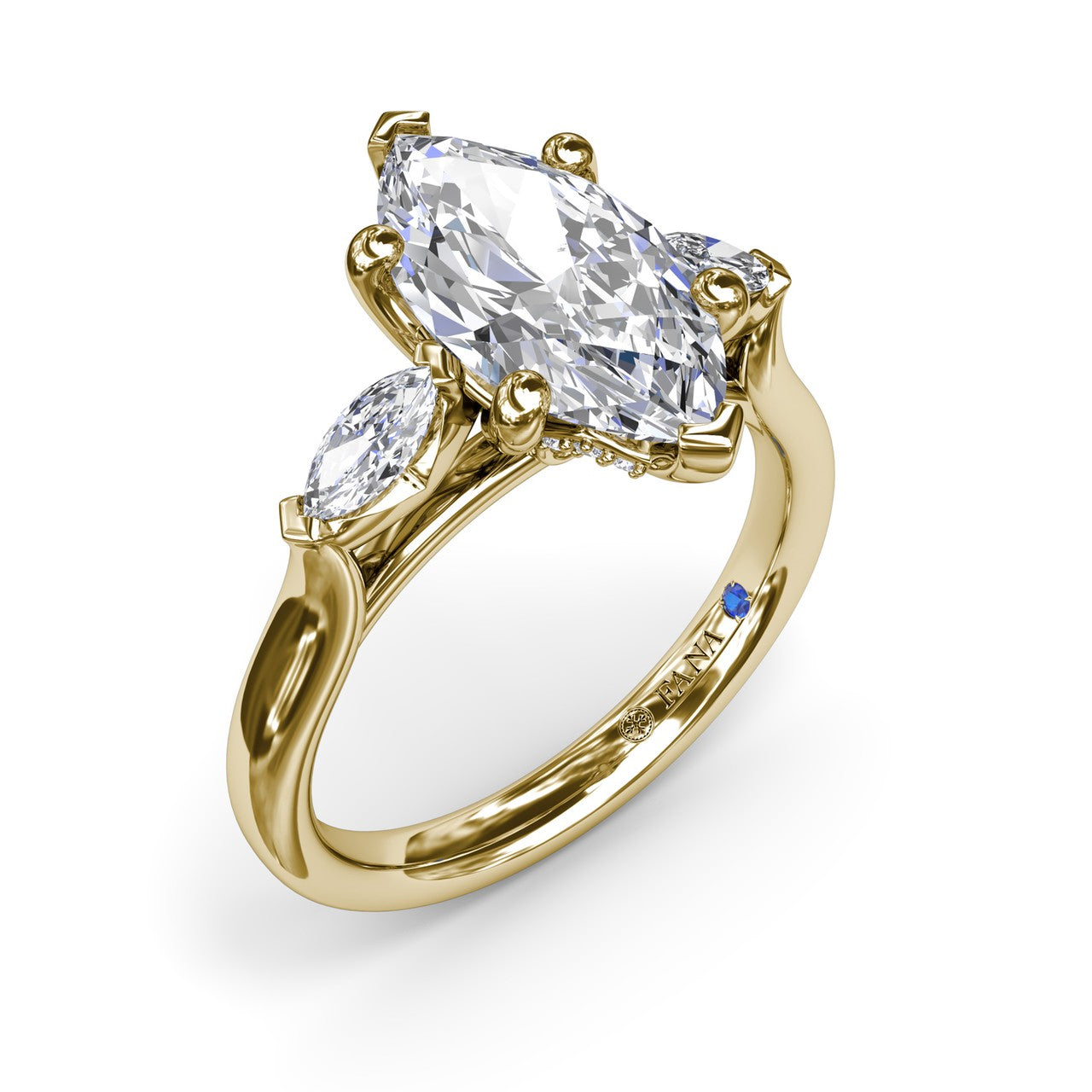 Fana 14k yellow gold three stone engagement ring setting, style S4321, featuring a marquise cut center stone flanked by two marquise diamond side accents