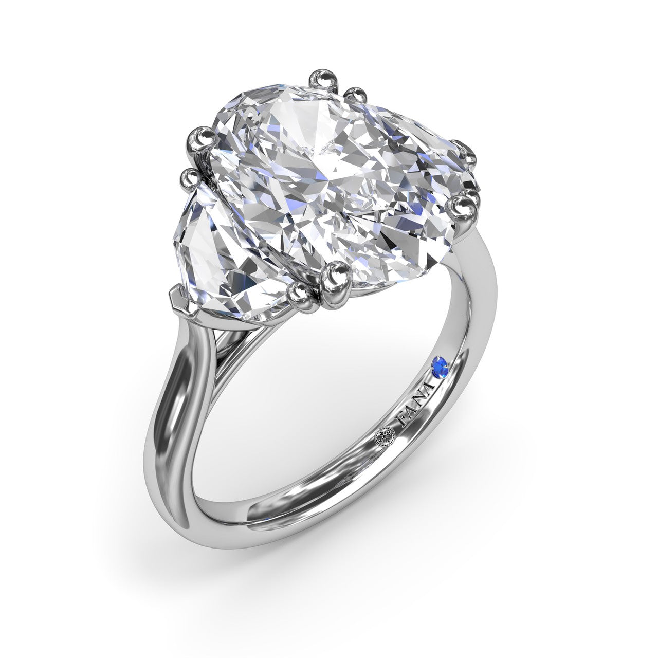 Fana 14k white gold three stone engagement ring setting, style S4282 with an oval cut center diamond flanked by cadillac shaped side stones