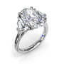 Fana 14k white gold three stone engagement ring setting, style S4282 with an oval cut center diamond flanked by cadillac shaped side stones
