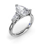 Fana 14k white gold three stone engagement ring setting, style S4340, with a pear cut center stone flanked by two pear diamond side accents