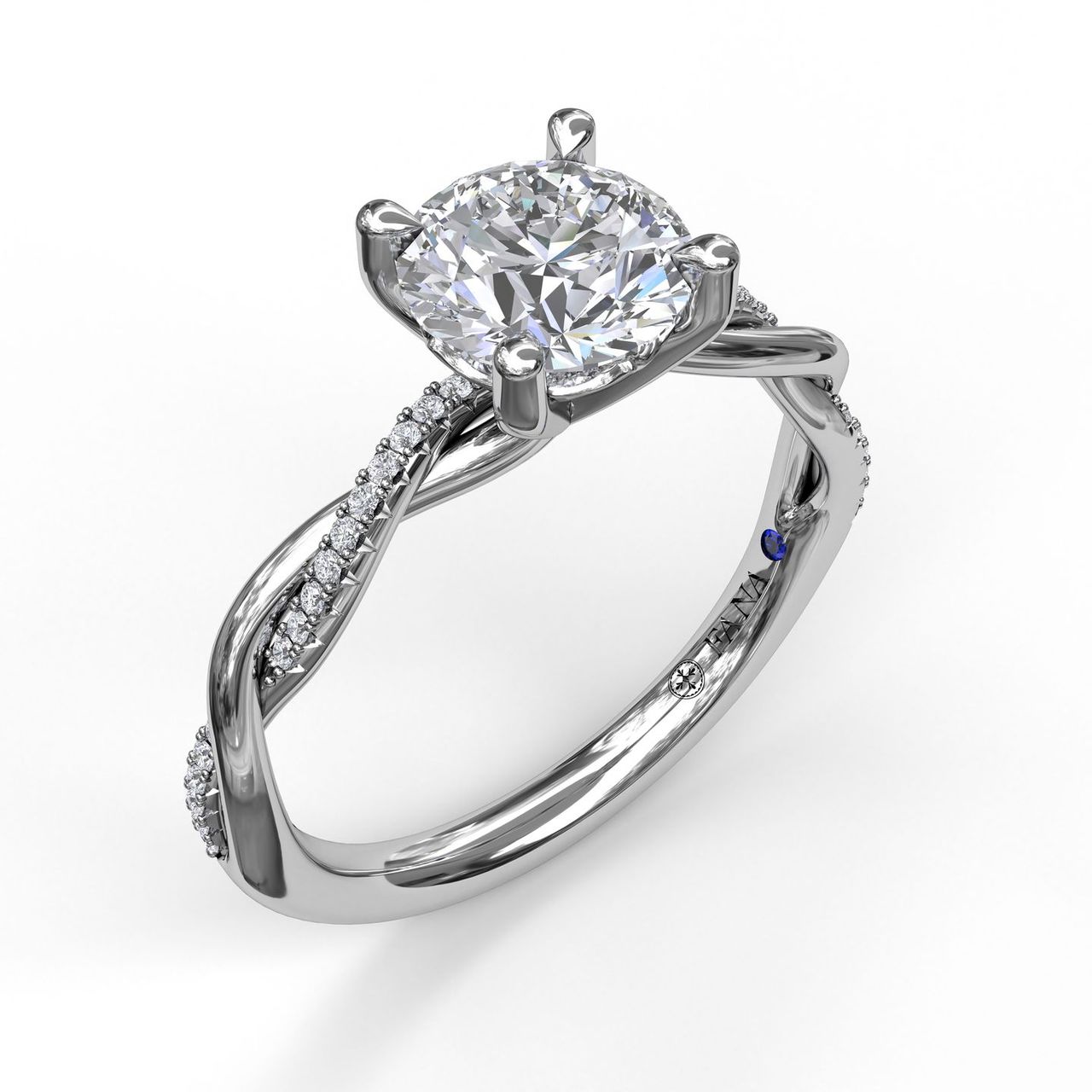 Fana 14k white gold twisted split-shank engagement ring setting, style S3901, showing an interwoven pavé and polished metal band leading to a round center stone